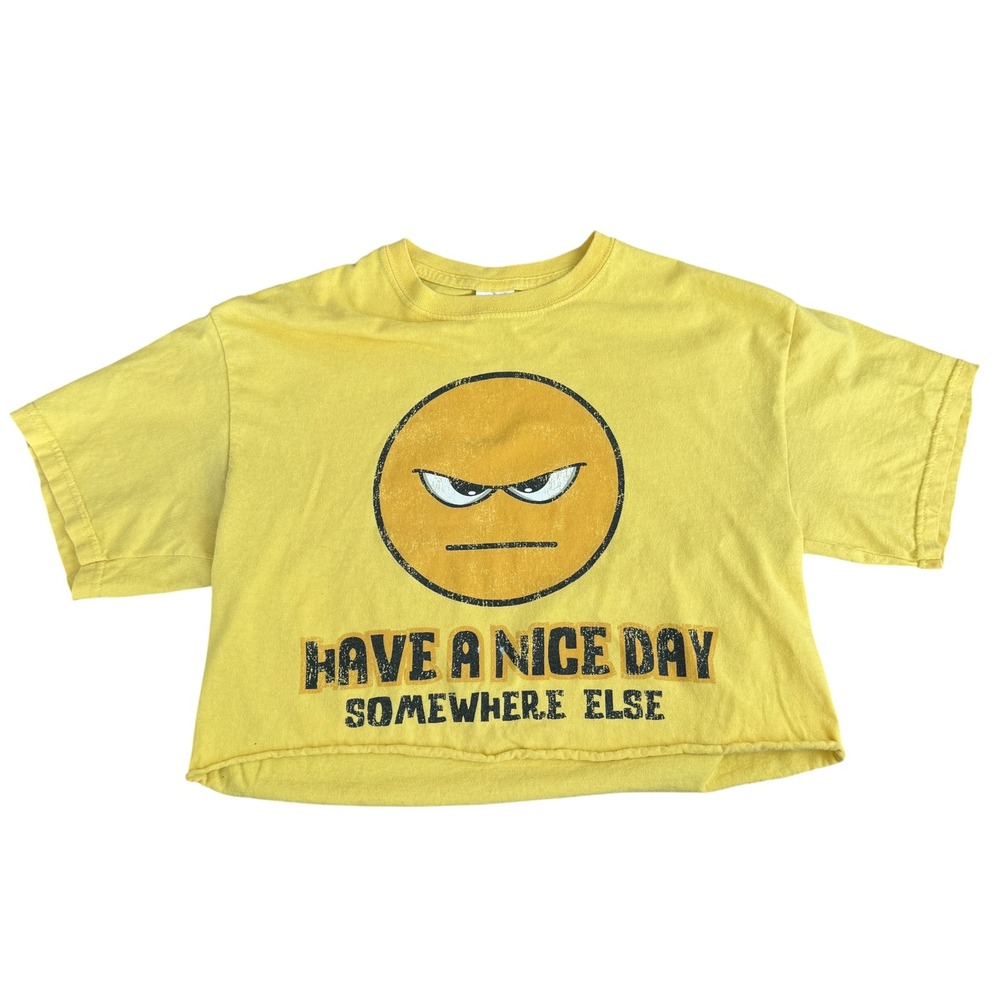 Y2k Angry Smiley Face Cropped Graphic Tee Sarcastic Humor Medium Yellow Funny